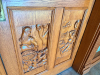 CUSTOM-BUILT SOLID OAK DOUBLE ENTRY DOOR ASSEMBLY WITH EXTENSIVE RELIEF-CARVED WINE AND VINEYARD SCENES, RAISED-PANEL CONSTRUCTION, DECORATIVE BRASS-TONE HARDWARE, HEAVY OAK CASING, AND MATCHING TALL LEADED STAINED-GLASS SIDELIGHTS. DECORATIVE GRAPE AND V - 7