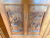 CUSTOM-BUILT SOLID OAK DOUBLE ENTRY DOOR ASSEMBLY WITH EXTENSIVE RELIEF-CARVED WINE AND VINEYARD SCENES, RAISED-PANEL CONSTRUCTION, DECORATIVE BRASS-TONE HARDWARE, HEAVY OAK CASING, AND MATCHING TALL LEADED STAINED-GLASS SIDELIGHTS. DECORATIVE GRAPE AND V - 8