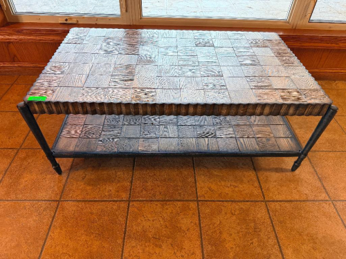 48" LONG X 30" CUSTOM-BUILT TWO-TIER COFFEE TABLE WITH DISTRESSED WOOD BLOCK TOP AND MATCHING LOWER SHELF, SCALLOPED WOOD EDGES, AND BLACK METAL PIPE FRAME.