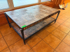 48" LONG X 30" CUSTOM-BUILT TWO-TIER COFFEE TABLE WITH DISTRESSED WOOD BLOCK TOP AND MATCHING LOWER SHELF, SCALLOPED WOOD EDGES, AND BLACK METAL PIPE FRAME. - 2