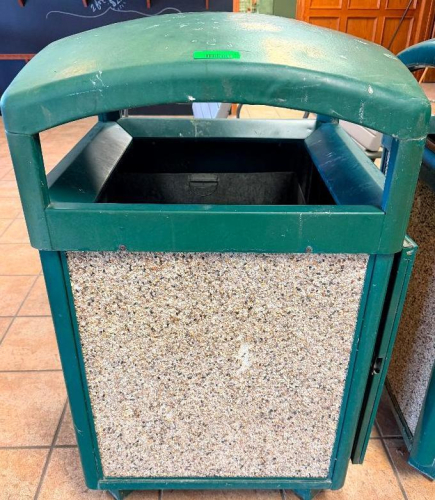 (2) 27" X 27" COMMERCIAL OUTDOOR TRASH RECEPTACLE WITH GREEN MOLDED DOME TOP, FOUR-SIDED OPEN DISPOSAL ACCESS, RIGID BODY, DECORATIVE EXPOSED-AGGREGATE SIDE PANELS AND REMOVABLE INTERNAL WASTE LINER