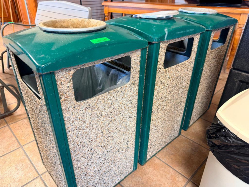 (3) 22" X 22" COMMERCIAL OUTDOOR TRASH RECEPTACLE WITH GREEN MOLDED DOME TOP, FOUR-SIDED OPEN DISPOSAL ACCESS, RIGID BODY, DECORATIVE EXPOSED-AGGREGATE SIDE PANELS AND REMOVABLE INTERNAL WASTE LINER