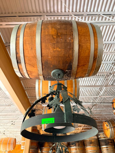 DECORATIVE HANGING WOODEN BARREL LIGHT FIXTURE WITH METAL HOOPS, CIRCULAR METAL LIGHT FRAME, AND DECORATIVE GRAPE VINE, LEAF, AND GRAPE CLUSTER ACCENTS. 20" SHADE.