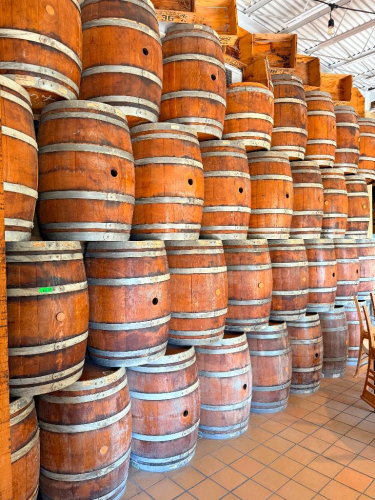 DECORATIVE WALL DISPLAY CONSTRUCTED WITH MULTIPLE WOODEN BARRELS AND BARREL SECTIONS WITH METAL HOOPS, ARRANGED AND MOUNTED ACROSS WALL SURFACE.