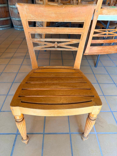 (6) WOOD DINING CHAIR WITH SLATTED WOOD SEAT, DECORATIVE OPEN-BACK DESIGN, CARVED ACCENT DETAIL, AND TURNED FRONT LEGS.