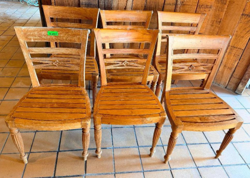 (6) WOOD DINING CHAIR WITH SLATTED WOOD SEAT, DECORATIVE OPEN-BACK DESIGN, CARVED ACCENT DETAIL, AND TURNED FRONT LEGS.