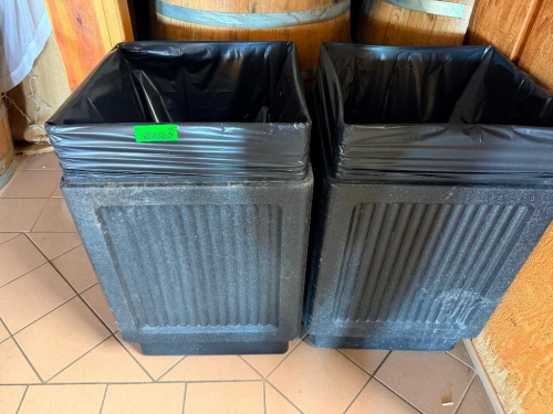 (2) BLACK PLASTIC TRASH CANS,