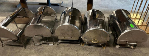 (3) FULL SIZE STAINLESS CHAFFERS W/ (2) ADDITIONAL PARTIAL STANDS.
