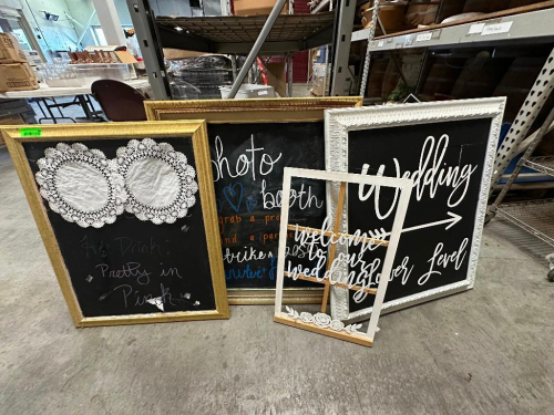 (3) FRAMED CHALK BOARD SIGNS AND (1) PICTURE FRAMED HOLDER