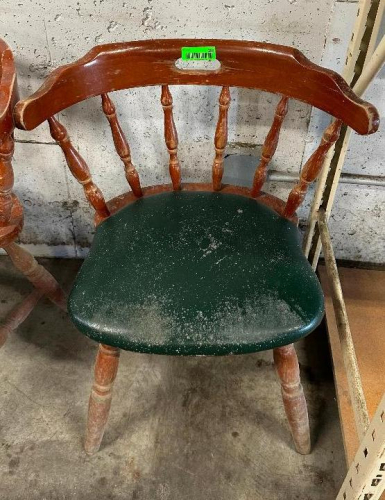 (7) BARREL BACK WOOD CHAIRS W/ GREEN VINYL SEAT CUSHIONS.