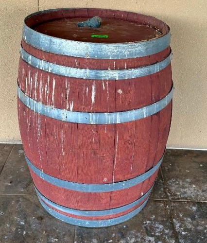 (2) WOOD WINE BARREL WITH RED-STAINED STAVE CONSTRUCTION, GALVANIZED METAL HOOPS, SOLID WOOD HEAD, AND SIDE BUNG.