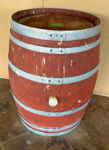 (2) WOOD WINE BARREL WITH RED-STAINED STAVE CONSTRUCTION, GALVANIZED METAL HOOPS, SOLID WOOD HEAD, AND SIDE BUNG.