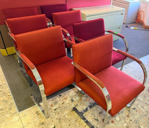 (7) MAROON UPHOLSTERED OFFICE ARM CHAIRS W/ CHROME FRAME AND HARDWOOD ACCENTS.