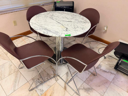 (2) SECTIONS 30" MARBLE TOP TABLES W/ (4) PLASTIC AND CHROME WIRE CHAIR SETS.