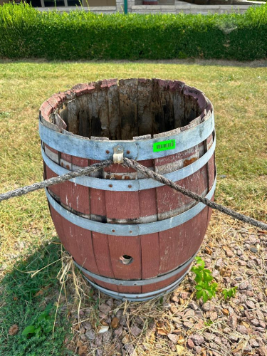 (2) WOOD WINE BARREL WITH RED-STAINED STAVE CONSTRUCTION, GALVANIZED METAL HOOPS, SOLID WOOD HEAD, AND SIDE BUNG.