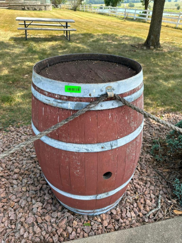 (2) WOOD WINE BARREL WITH RED-STAINED STAVE CONSTRUCTION, GALVANIZED METAL HOOPS, SOLID WOOD HEAD, AND SIDE BUNG.