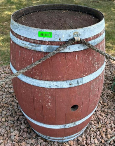 (2) WOOD WINE BARREL WITH RED-STAINED STAVE CONSTRUCTION, GALVANIZED METAL HOOPS, SOLID WOOD HEAD, AND SIDE BUNG.