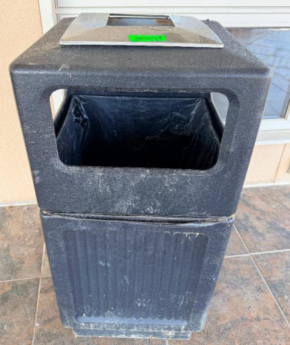 (3) OUT BLACK PLASTIC TRASH CANS.