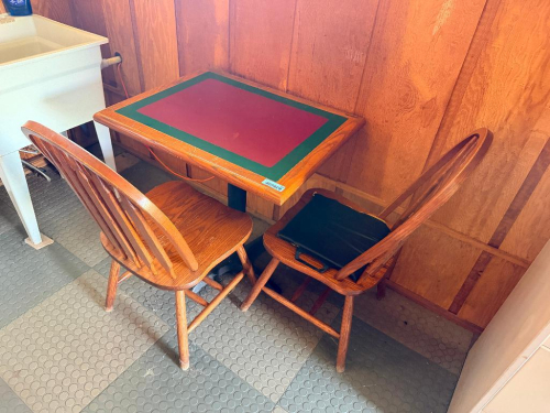 24" X 24" WOODEN TABLE W/ (2) CHAIRS.