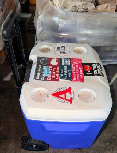 COLEMAN ROLL ABOUT COOLER ( BLUE AND WHITE )