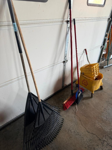 (2) RAKES, (1) PUSH BROOM, AND (1) MOP BUCKET