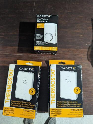 (3) CADET LINE VOLTAGE THERMOSTATS: (2) TEP362DW PROGRAMMABLE + (1) T521W MECHANICAL