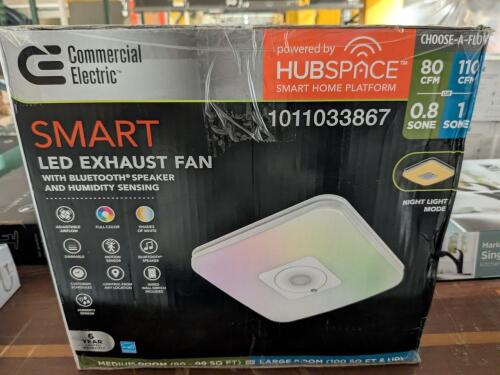 COMMERCIAL ELECTRIC SMART LED BATH EXHAUST FAN W/ BLUETOOTH SPEAKER, HUBSPACE (BF1112)