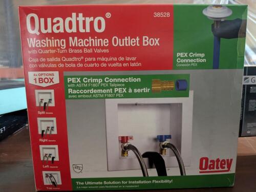 OATEY QUADTRO WASHING MACHINE OUTLET BOX W/ 1/4-TURN BRASS BALL VALVES, 1/2" PEX CRIMP (38528) (1 OF 3)