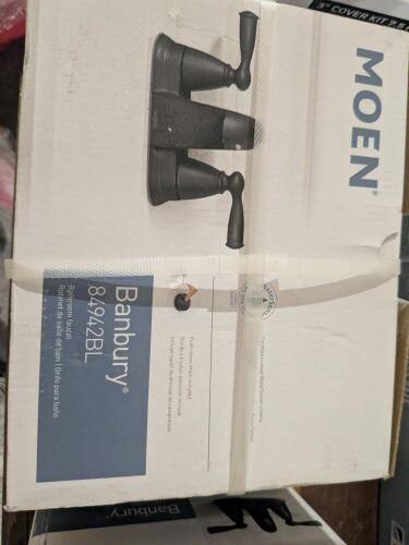 MOEN BANBURY 4" CENTERSET 2-HANDLE LOW-ARC BATHROOM FAUCET, MATTE BLACK (84942BL) - NEW, STRAPPED (1 OF 2)