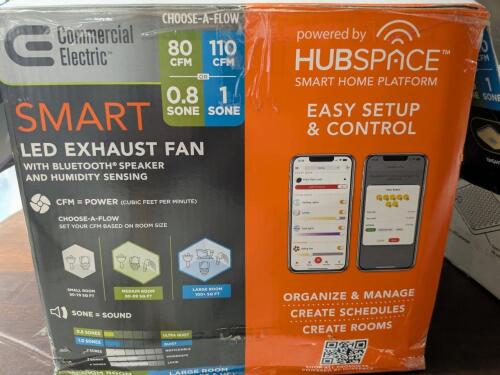 COMMERCIAL ELECTRIC SMART LED BATH EXHAUST FAN W/ BLUETOOTH SPEAKER, HUBSPACE (BF1112) - OPEN BOX, 2ND UNIT
