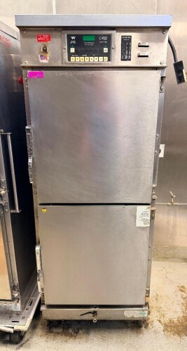 WINSTON CVAP SILVER EDITION COMMERCIAL COOK & HOLD OVEN WITH STAINLESS STEEL CONSTRUCTION, DUAL INDEPENDENT CABINET SECTIONS, DIGITAL PROGRAMMABLE CONTROL PANEL, ADJUSTABLE PAN/RACK SLIDES, AND MOBILE CASTER BASE.