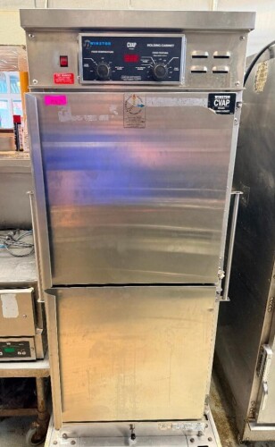 WINSTON CVAP COMMERCIAL HOLDING CABINET WITH STAINLESS STEEL CONSTRUCTION, DUAL FULL-SIZE CABINET SECTIONS, INDEPENDENT DOORS, ADJUSTABLE PAN SLIDES, ANALOG FOOD TEMPERATURE AND FOOD TEXTURE CONTROLS, DIGITAL TEMPERATURE DISPLAY, AND MOBILE CASTER BASE.