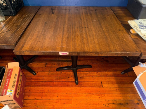 36" X 36" WOOD-TOP DINING TABLE WITH DARK STAINED FINISH AND SINGLE CENTER PEDESTAL BASE.