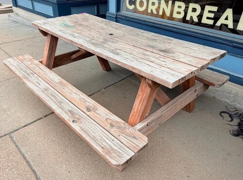 72" X 28" WOODEN PICNIC TABLE W/ BENCH SEATS.
