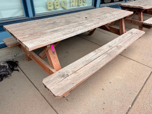 96" X 28" WOODEN PICNIC TABLE W/ BENCH SEATS.