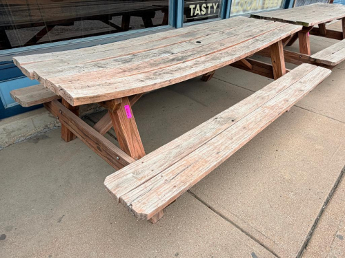 96" X 28" WOODEN PICNIC TABLE W/ BENCH SEATS.