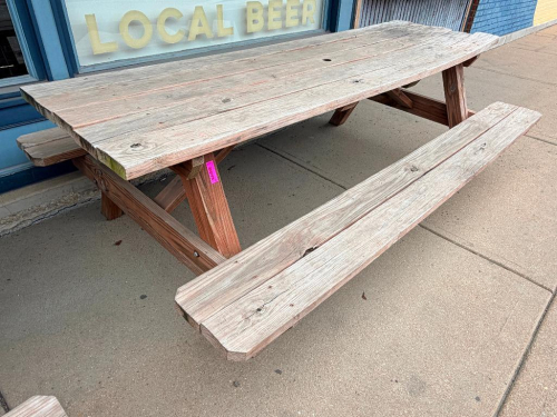 96" X 28" WOODEN PICNIC TABLE W/ BENCH SEATS.