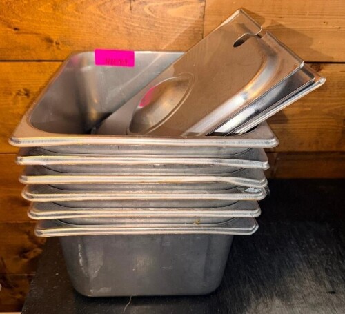 (6) HALF SIZE STAINLESS INSERTS. W/ (3) LIDS.