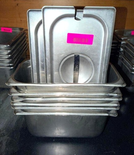 (6) 1/3 SIZE STAINLESS INSERTS W/ LIDS