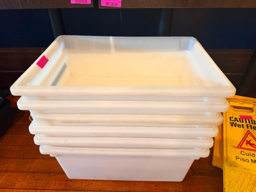 (6) 8 GALLON PLASTIC CONTAINERS. NO LIDS