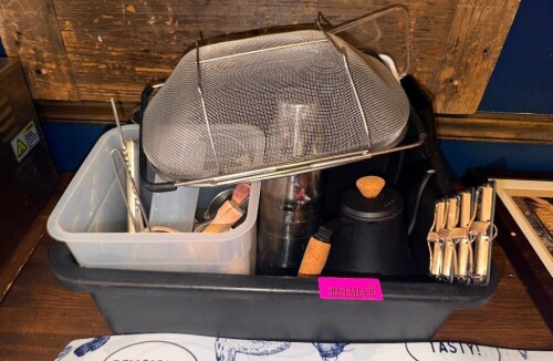 PLASTIC TUB AND CONTENTS - ASSORTED SMALL WARES.