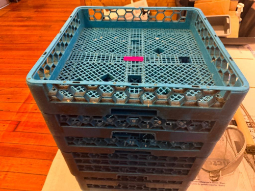 (6) ASSORTED BLUE PLASTIC GLASS / DISHWASHER RACKS.