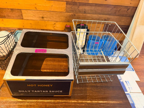 TWO GROUP STAINLESS THIRD PAN DISPLAY RACK / CONDIMENT RACK.
