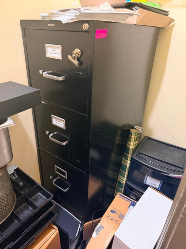 FOUR DRAWER METAL FILE CABINET AND ASSORTED CONTENTS OF CLOSET.