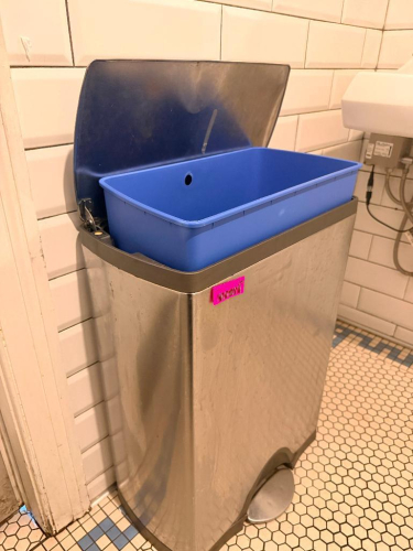 STAINLESS BATHROOM TRASH CAN W/ FOOT PEDAL AND PLASTIC INSERT
