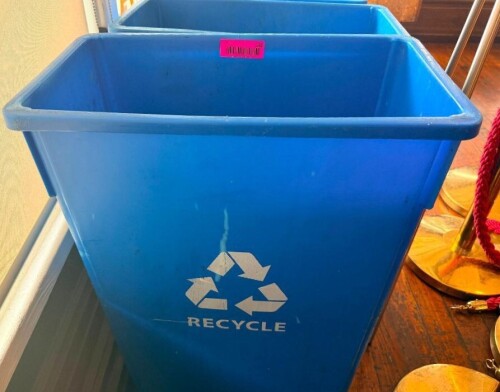 (2) 20 GALLON PLASTIC BLUE BAR SIDE TRASH CANS.