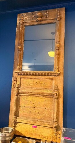 VINTAGE HARDWOOD DOOR W/ GLASS WINDOW CENTER INSERT.