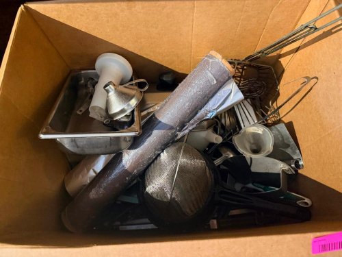 (1) BOX OF ASSORTED SMALL WARES AND UTENSILS.