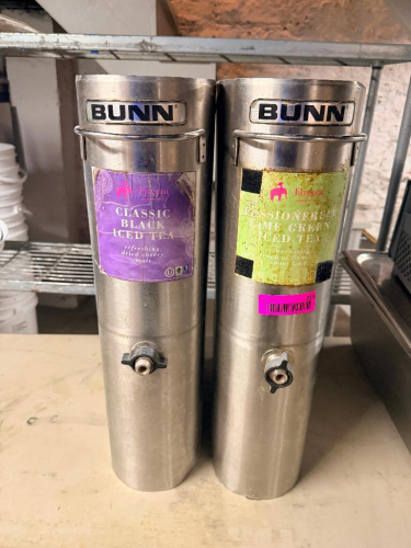 (2) STAINLESS TEA DECANTERS. NO LIDS