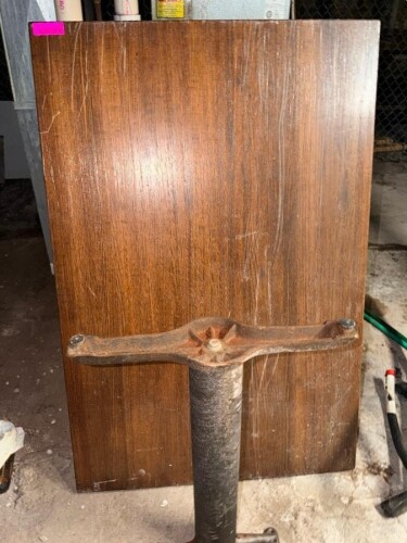 48" X 30" HARDWOOD TABLE W/ DOUBLE PEDESTAL BASE.